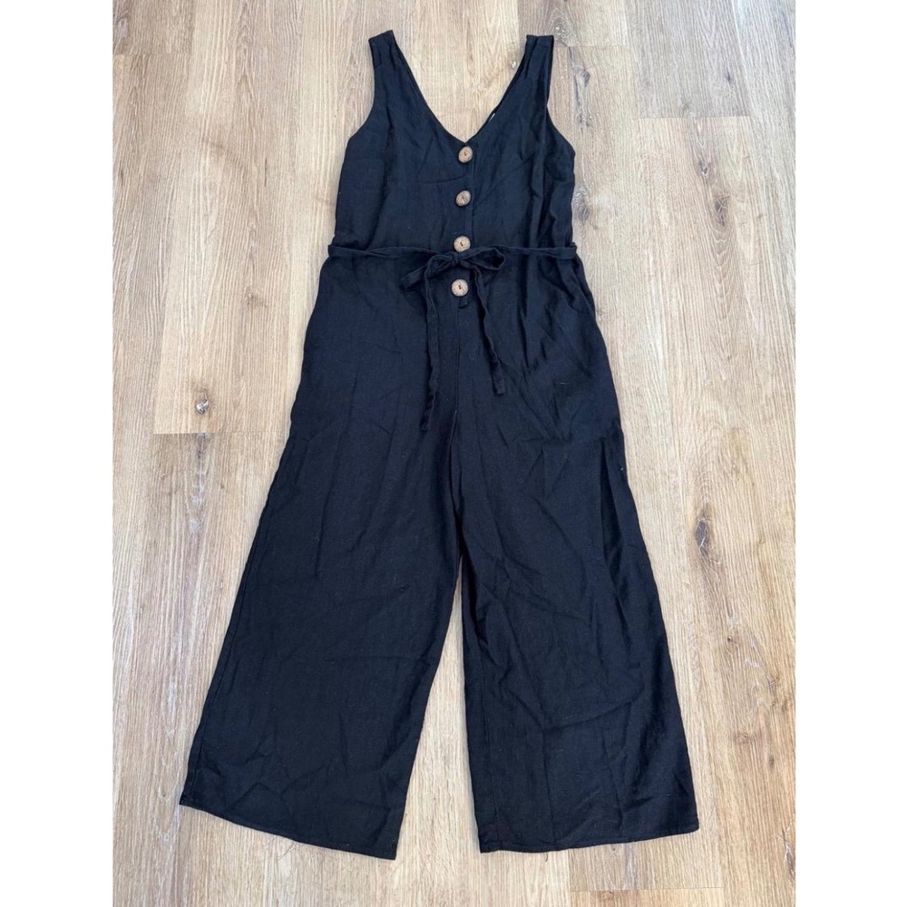 Monteau Boho Jumpsuit Womens XS Black Linen Blend Wide Leg Cropped Button Front